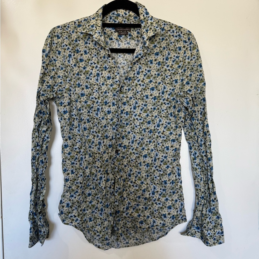 Zara Blue and White Floral Button-Down Shirt